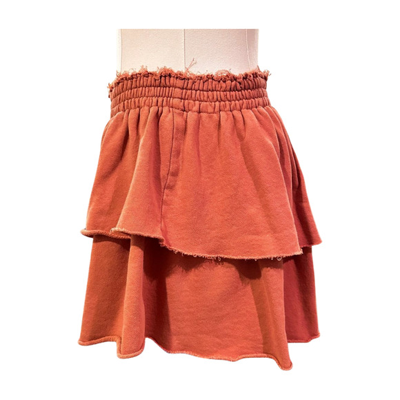 Aerie Weekend Ruffle Orange Rust Tiered Mini Sweat Skirt Medium Raw Edge - Picture 4 of 7